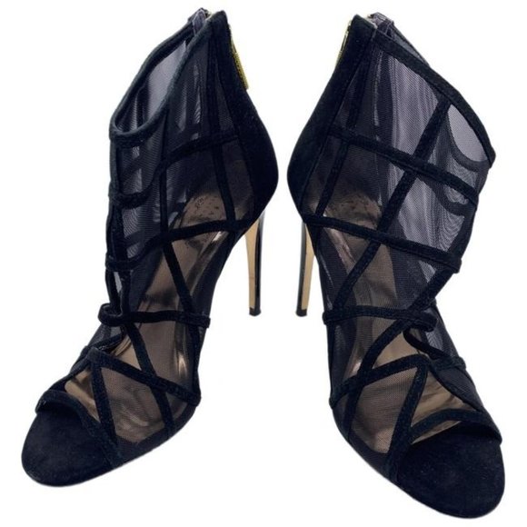 Ted Backer Shoes - Black Xstal Mesh Peep Toe Heels In Leather Bootsbooties Size Eu